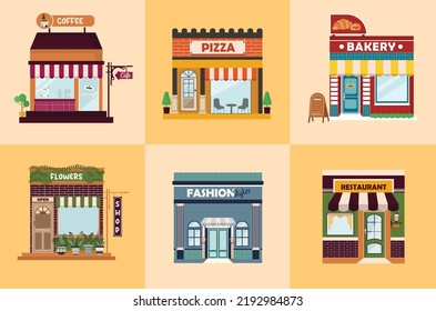 set of bakery facades, flowers, dairy, pharmacy, Small European-style shop exterior. Commercial, property, market or supermarket. Flat vector illustration on colorful background.