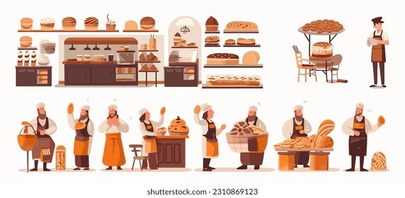 Set of bakery, flat cartoon isolated on white background. Vector illustration