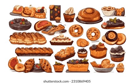 Set of bakery, flat cartoon isolated on white background. Vector illustration