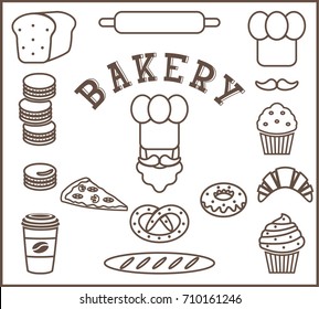 set of bakery flat elements isolated - baker person, chef's hat, moustache, bread, baguette, loaf, rolling pin, cake, macarons,croissant, maffin,. Template for card, poster, banner, web-design