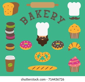 set of bakery flat elements isolated - baker person, chef's hat, moustache, bread, baguette, loaf, rolling pin, cake, macarons,croissant, maffin,. Template for card, poster, banner, web-design
