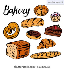 Set of bakery, flour and  various breads products.vector illustrations. isolated on white background.