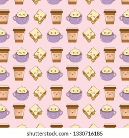 set of bakery food kawaii characters pattern
