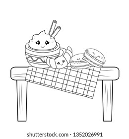 set of bakery food kawaii in picnic table