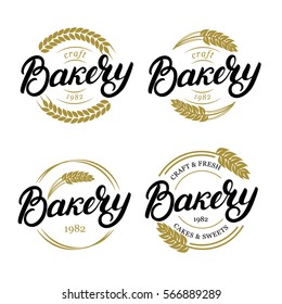 Set of Bakery hand written lettering logo, label, badge, emblem. Vintage style. Golden wheat. Isolated on white background. Vector illustration