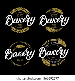 Set of Bakery hand written lettering logo, label, badge, emblem. Vintage style. Golden wheat. Isolated on white background. Vector illustration