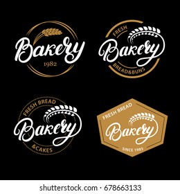 Set of Bakery hand written lettering logo, label, badge, emblem. Vintage retro style. ar of wheat. Isolated on background. Vector illustration.