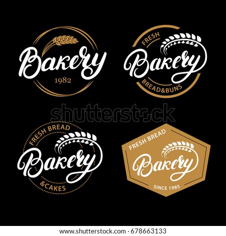 Set of Bakery hand written lettering logo, label, badge, emblem. Vintage retro style. ar of wheat. Isolated on background. Vector illustration.