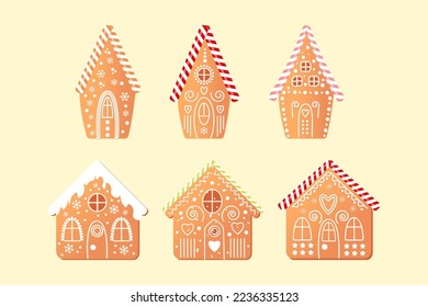 set of bakery houses. Christmas gingerbread. cookies in the form of houses with candy decorations. christmas sweets and gifts. striped lollipops. street of fairy houses