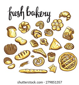 Set of bakery icons. Bread, cookies, cake, pie.