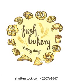 Set of bakery icons. Bread, cookies, cake, pie. Bakery background.