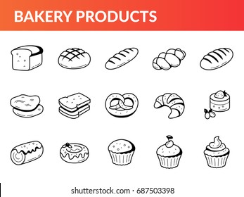 Set of Bakery Icons. Collection of bread, cookies, desserts and other elements. For user interface design, branding.