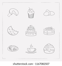 Set of bakery icons line style symbols with half eaten cookie, cinnamon roll, tea cup and other icons for your web mobile app logo design.