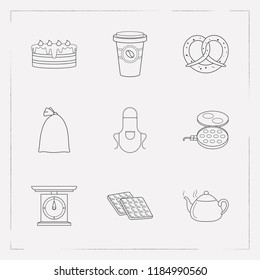 Set of bakery icons line style symbols with waffle, pretzel, sack and other icons for your web mobile app logo design.