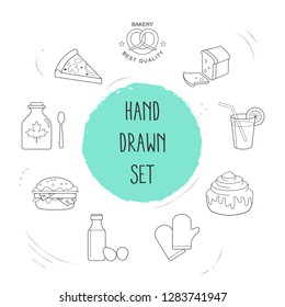 Set of bakery icons line style symbols with cinnamon roll, baking mitts, milk with egg and other icons for your web mobile app logo design.