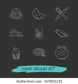 Set of bakery icons line style symbols with cake delivery, pizza, vanilla and other icons for your web mobile app logo design.