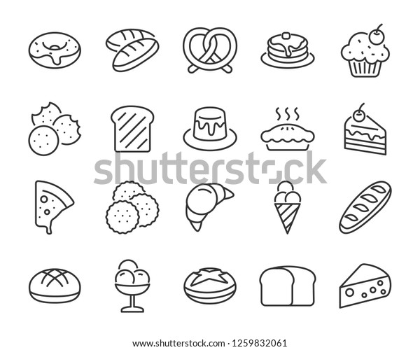 set of bakery icons , such as bake, bread,\
toast, pie, waffle, pizza, donut,\
cake