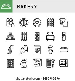 Set of bakery icons such as Cheburek, Bread, Donut, Wafer, Toast, Restaurant, Grissini, Toaster, Pie, Dessert, Arepas, Pretzel, Cook, Bagel, Cake, Churros , bakery