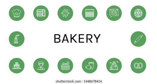 Set of bakery icons such as Chef hat, Toaster, Dough, Sugar, Toast, Wafer, Restaurant, Chef, Bread, Croissant, Wedding cake, Pretzel, Dessert, Rolling pin , bakery