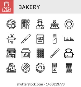 Set of bakery icons such as Chef, Pancake, Churros, Baker, Donut shop, Bagel, Dough, Slice, Pretzel, Pie, Loaf, Cafe, Restaurant, Baguette, Toaster, Round bread, Donut , bakery