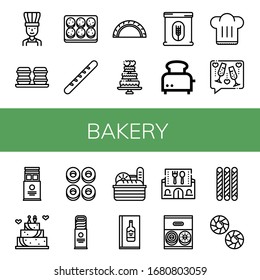 Conjunto de iconos de panadería. Chef, Macaroons, Cookie, Baguette, Cheburk, Torta de Boda, Harina, Tostadora, Sombrero de Chef, Tostada, Wafer, Cracoles, Biscuit, Pan, Menú de Vino, iconos de panadería