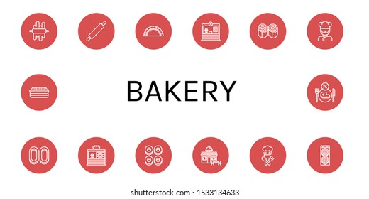 Set of bakery icons. Such as Dough, Rolling pin, Cheburek, Restaurant, Bun, Cook, Cracknels, Bakery, Donut, Bread , bakery icons
