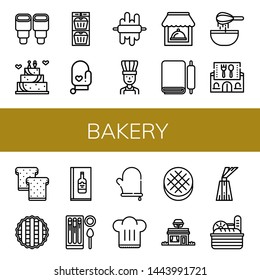 Set Of Bakery Icons Such As Pastry, Wedding Cake, Muffin, Oven Mitt, Dough, Chef, Restaurant, Toast, Pie, Wine Menu, Churros, Chef Hat, Round Bread, Dessert, Bread , Bakery