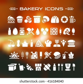 Set of bakery  icons. White  print on blurred background