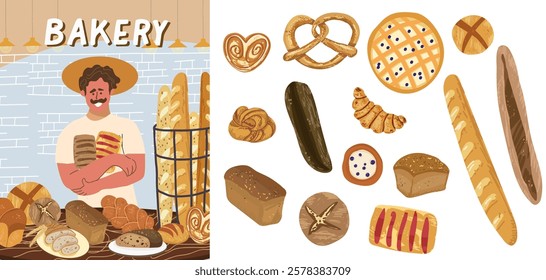 Set bakery illustration, baker seller selling homemade pastries, sourdough, fresh buns, baguettes, dough products at a local market.Hand drawn vector illustration.