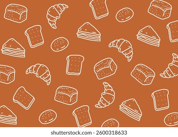 A set of bakery illustration pattern with brown background, food packaging, menu illustration hand drawn print ads, food business, coffee shop