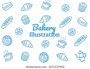 Un conjunto de patrón de ilustración de panadería con fondo blanco, empaquetado de alimentos, ilustración de menú, anuncios impresos dibujados a mano, negocio de alimentos, cafetería