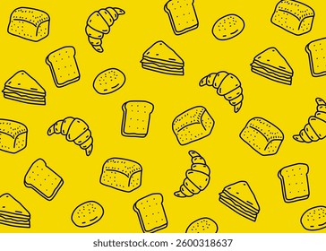 A set of bakery illustration pattern with yellow background, food packaging, menu illustration hand drawn print ads, food business, coffee shop