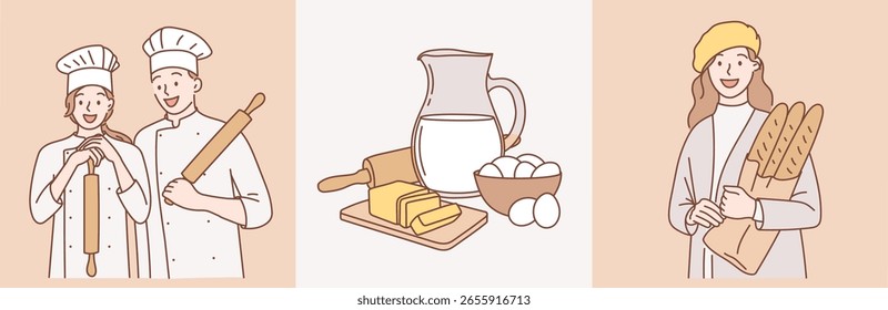Conjunto de ilustraciones de panadería en estilo doodle de dibujos animados. Ilustración vectorial