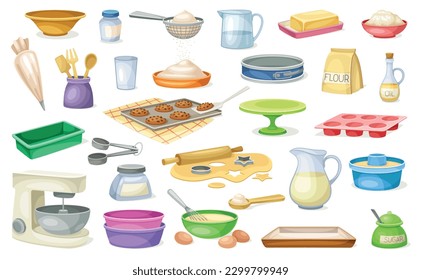 Set of bakery ingredients. Confectionery cooking process. Stickers with kitchen utensils, flour, mixer, eggs. Food, cookies, buns concept. Cartoon flat vector collection isolated on white background
