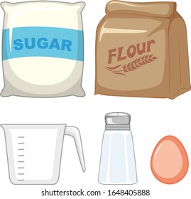 Set of bakery ingredients with sugar and flour illustration