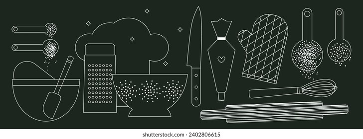 Conjunto de utensilios de panadería y cocina sobre fondo de pizarra. Cucharas, Grater, Sieve, Cuchillo, Bolsa de pastelería, Pin. Ilustración vectorial. Colección de utensilios de cocina, herramientas. Equipamiento y cubiertos para la tiza de cocina.