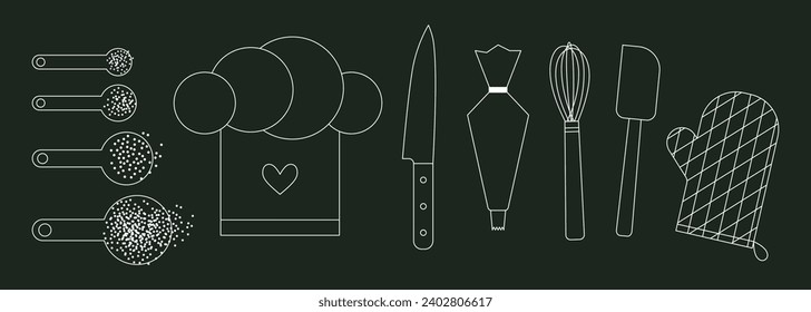 Conjunto de utensilios de panadería y cocina sobre fondo de pizarra. Cucharas de medida, sombrero de chef, cuchillo, bolso de pastelería. Ilustración vectorial. Colección de utensilios de cocina, herramientas. Equipamiento y cubiertos para la tiza de cocina.