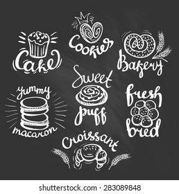 Set of bakery label on the chalkboard. Bakery logo. 