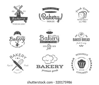 Set of bakery labels, icons, badges and design elements, symbols. Fresh bread, cakes logo templates. Monochrome vintage style. Cupcake emblem. Can be use for cafe, shop. Vector illustration