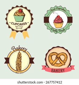 Set of bakery labels with sketch style elements 