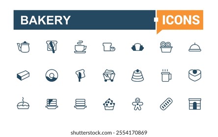 Set of Bakery line icons. Contains such icons as coffee, banner, bread, croissant, vintage, quality, shop, stroke. Modern thin icons. Editable vector icon and illustration.