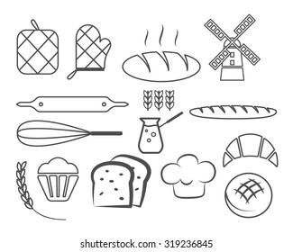 Set of bakery line icons and design elements, symbols. Fresh bread, cakes logo templates. Monochrome vintage style. Cupcake emblem. Vector illustration