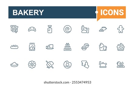 Set of Bakery line icons. Includes icons for break, shop, element, food, wheat, quality, vintage. Outline symbol collection. Vector icons editable stroke.