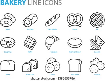 set of bakery line icons, such as bread, waffle, cake, bun