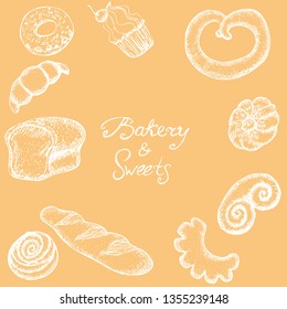Set of bakery linear hand-drawn design elements vector