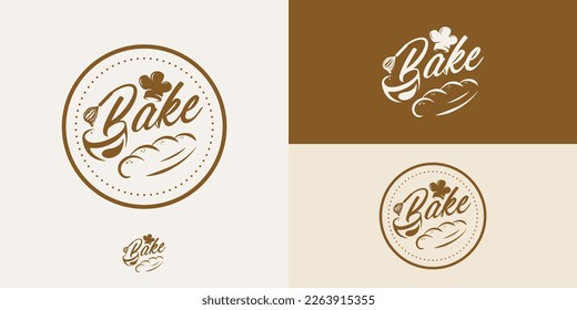 Set of bakery logo design vector with bread, cream, wire whisk vector. Chef hat icon. Bake cooking lettering logo design