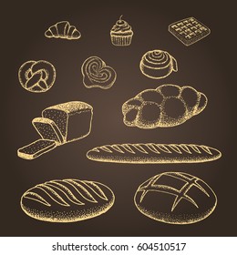 Set of bakery on dark background. Hand drawn vector illustration.