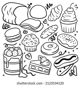 Set of Bakery and Pastry in Doodle  Style Vector Illustration