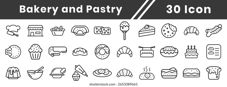 Conjunto de ícones de padaria e pastelaria, incluindo padaria, pão, pastelaria, cozinha, comida, sobremesa, fresco, doce, lanche, tratar pedras editáveis