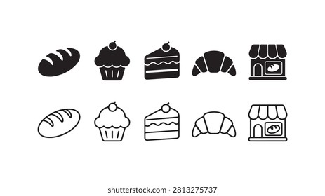 A set of bakery and pastry icons including bread, cupcakes, cake slices, and croissants, available in both solid black silhouette and linear outline styles on white background.
